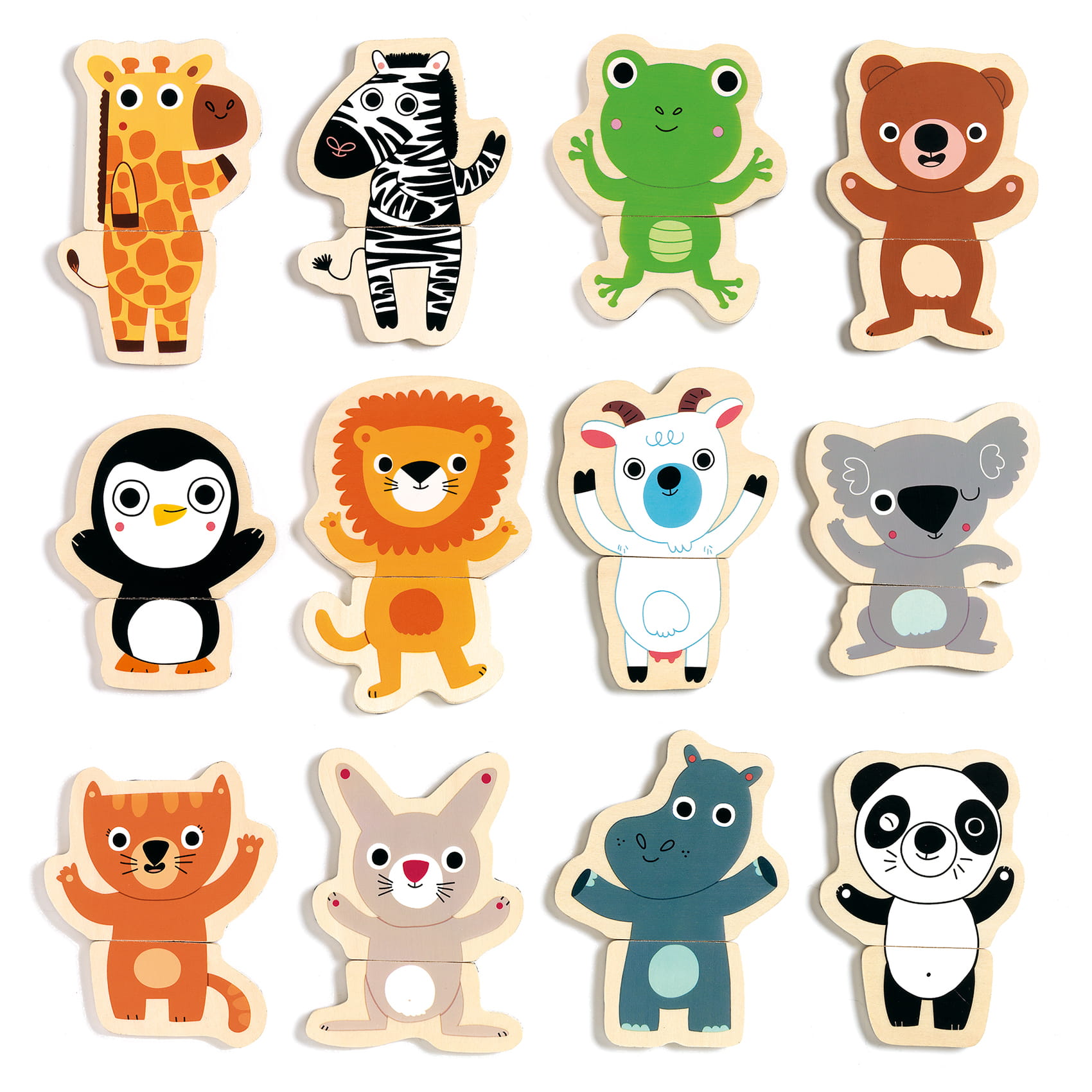 Drewniane magnetyczne puzzle z postaciami zwierząt dżungli dla dzieci. Djeco Puzzle 2 -ele. drewniane magnetyczne Dżungla