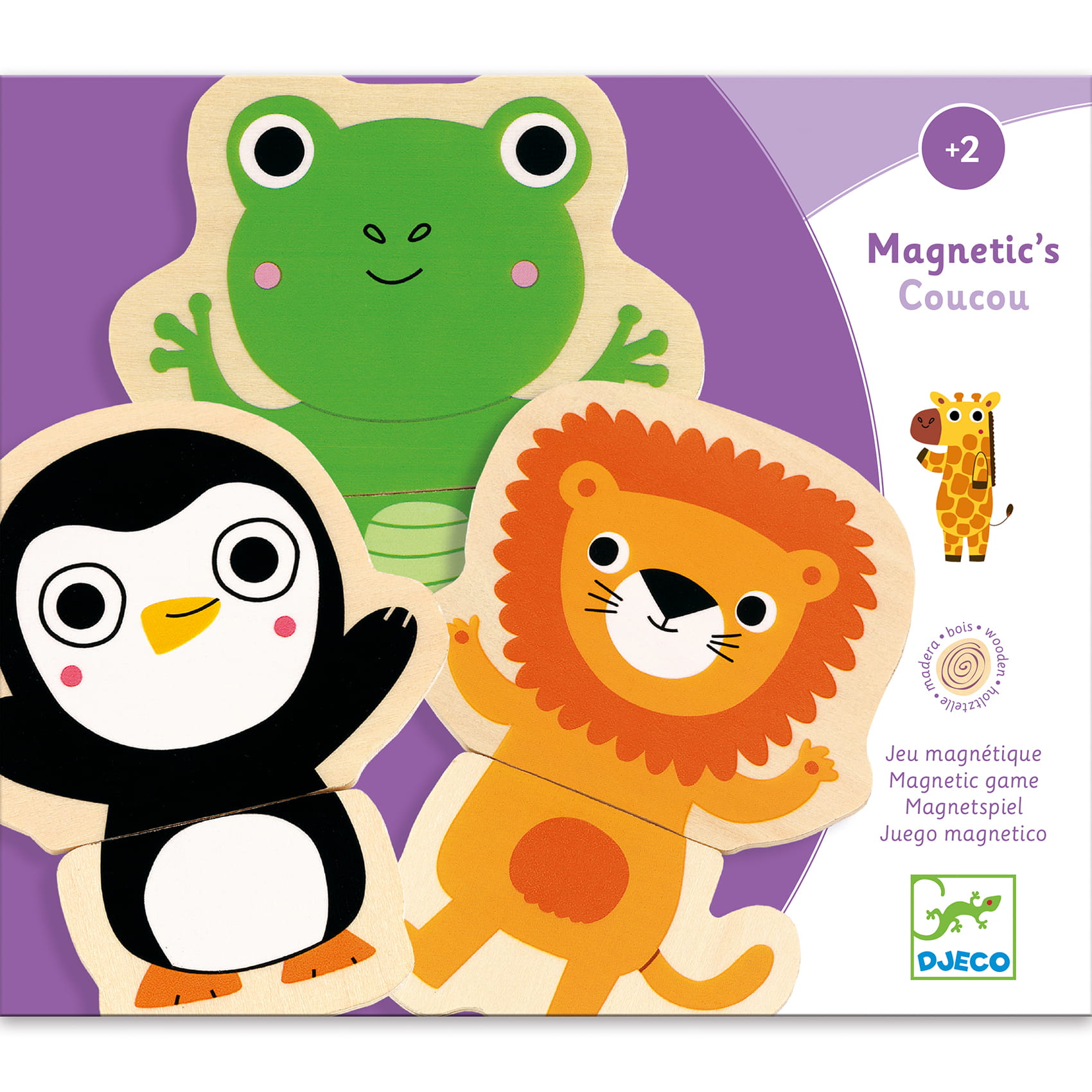 Drewniane magnetyczne puzzle dla dzieci z motywem żaby, pingwina i lwa na fioletowym tle. Djeco Puzzle 2 -ele. drewniane magnetyczne Dżungla