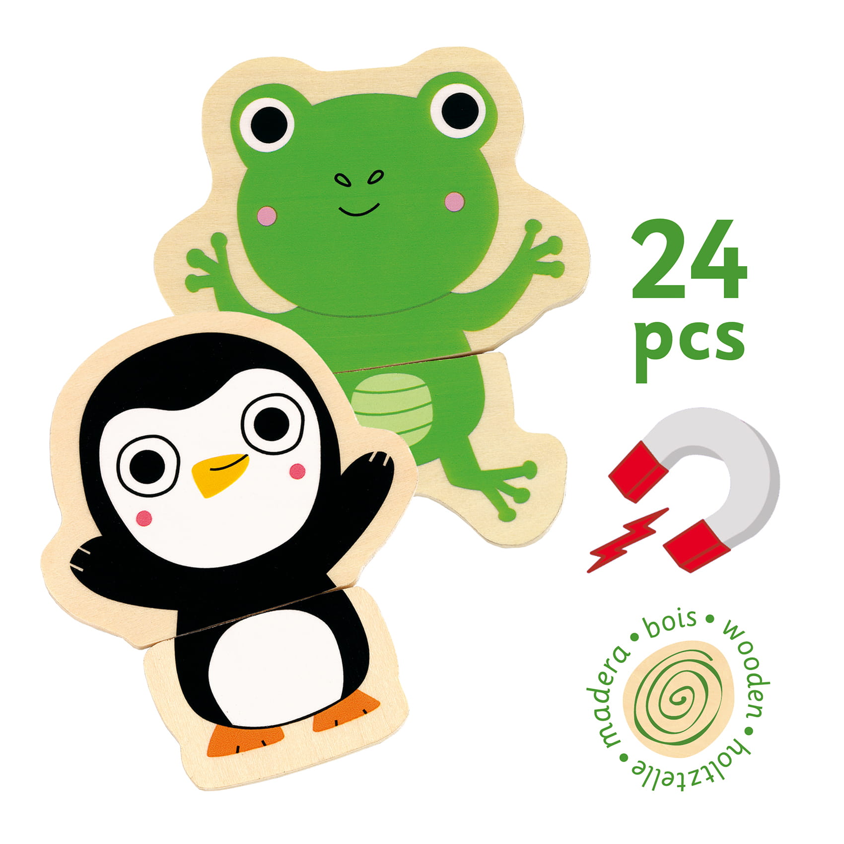 Drewniane magnetyczne puzzle z postaciami żaby i pingwina dla dzieci. Djeco Puzzle 2 -ele. drewniane magnetyczne Dżungla