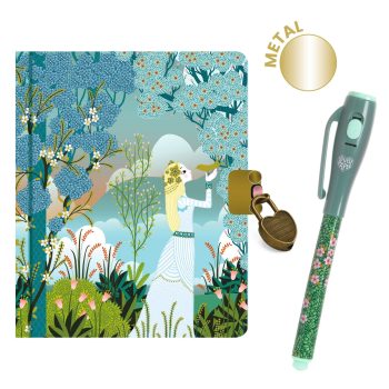 Pamiętnik z twardą okładką w roślinne wzory z ilustracją kobiety oraz zielony długopis z magnesem dla dziecka. Djeco Mini pamiętnik CHARLOTTE z mag. długopisem