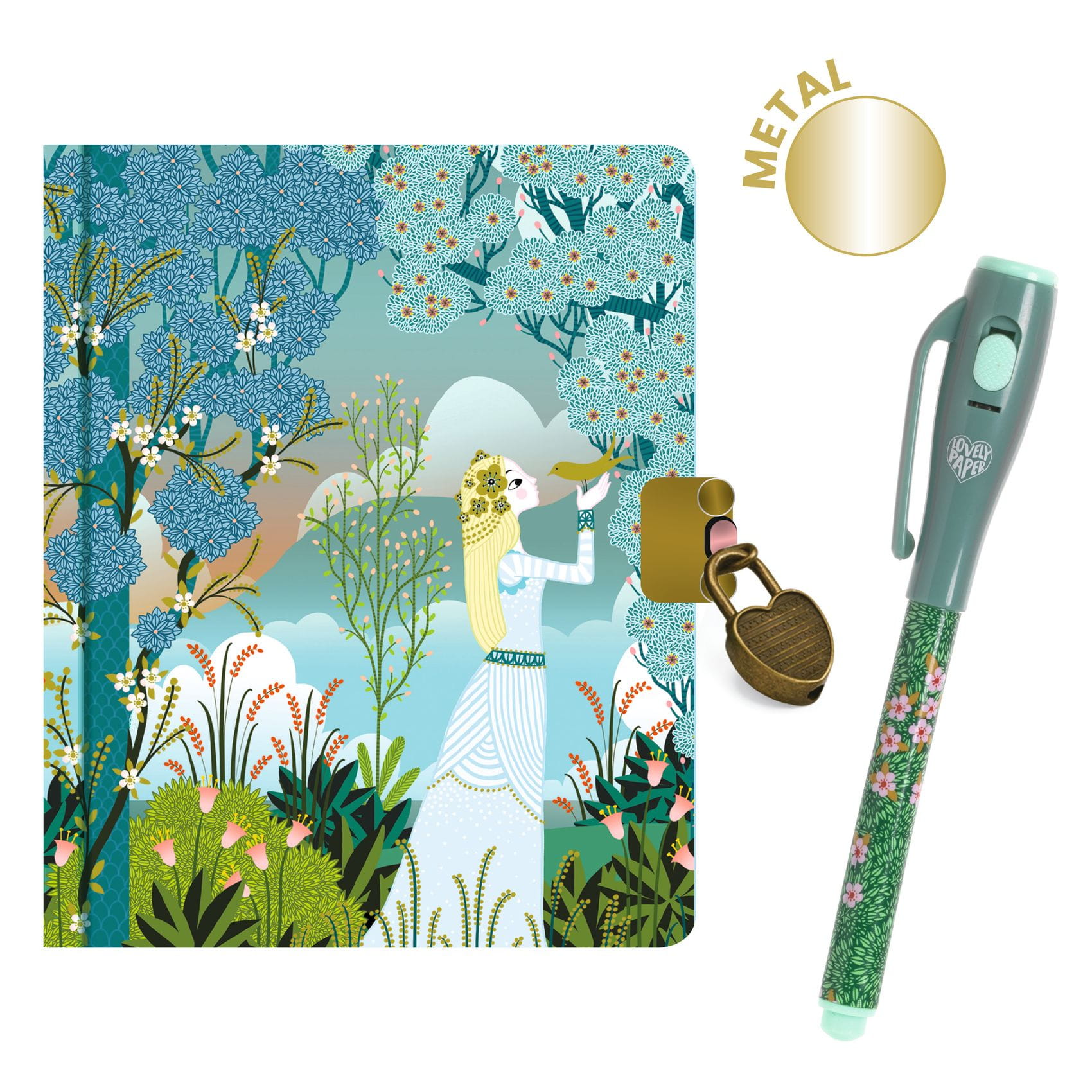 Pamiętnik z twardą okładką w roślinne wzory z ilustracją kobiety oraz zielony długopis z magnesem dla dziecka. Djeco Mini pamiętnik CHARLOTTE z mag. długopisem