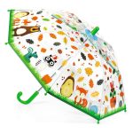Przezroczysty parasol przeciwdeszczowy z zielonym uchwytem i wzorem leśnych zwierzątek dla dzieci. Djeco Parasol przeciwdeszczowy Leśne Zwierzątka