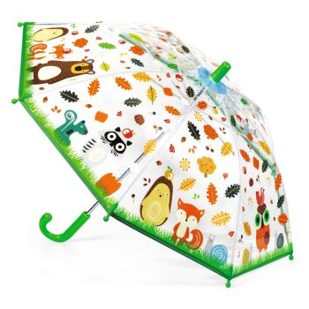 Przezroczysty parasol przeciwdeszczowy z zielonym uchwytem i wzorem leśnych zwierzątek dla dzieci. Djeco Parasol przeciwdeszczowy Leśne Zwierzątka