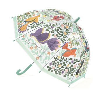 Przezroczysty parasol przeciwdeszczowy z kolorowymi ptakami i kwiatami dla dziecka. Djeco Parasol Przeciwdeszczowy PTAKI I KWIATY