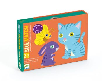 Gra karciana dla maluchów z ilustracjami kota motyla i królika na pomarańczowym tle. Djeco Gra Karciana Dla Maluchów Little Match