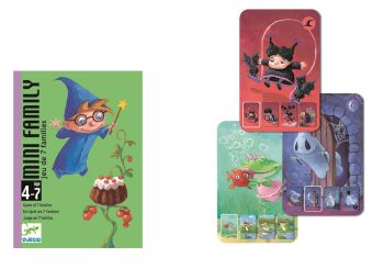Gra karciana Mini Family z ilustracją czarodzieja i kartami z postaciami dla dzieci 4 7 lat. Djeco Gra Karciana MINI FAMILY