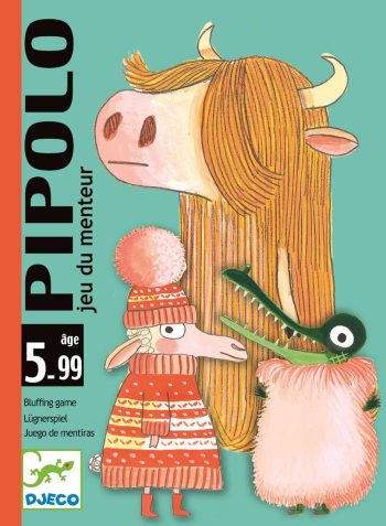 Gra karciana dla dzieci z ilustracją krowy owcy i krokodyla na zielonym tle wieku 5 plus. Djeco Gra Karciana Pipolo Blef