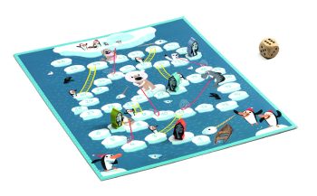 Plansza do gry węże i drabiny z ilustracjami pingwinów i chmur z drewnianymi pionkami i kostką dla dzieci. Djeco Gra Planszowa Węże I Drabiny