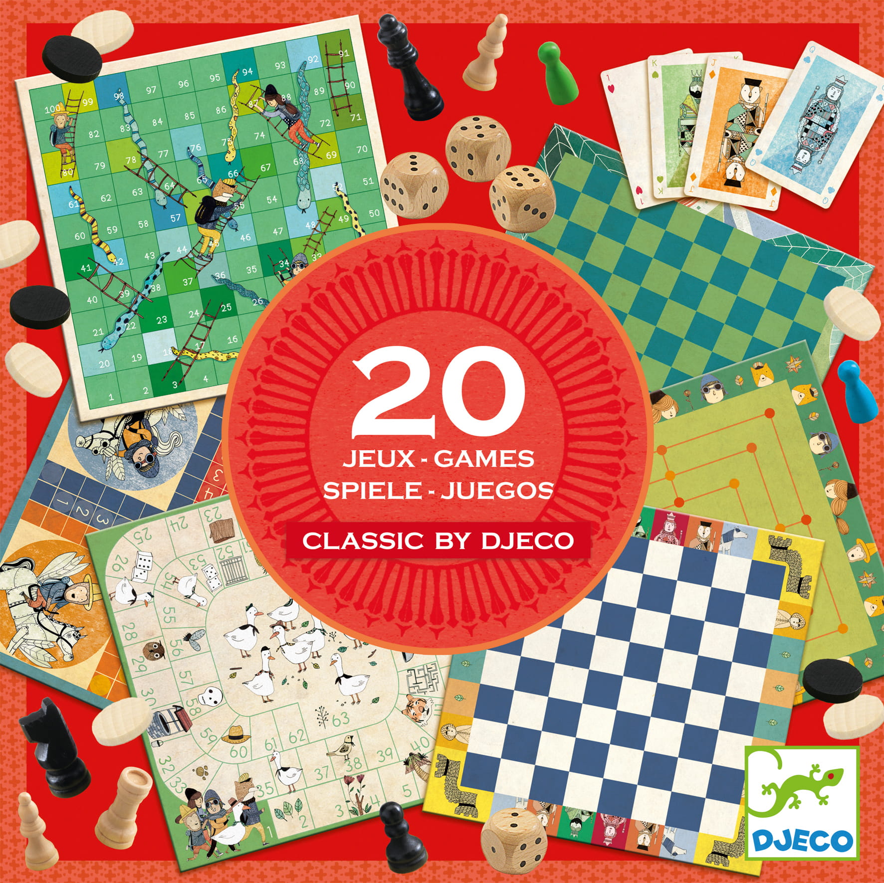 Zestaw 20 klasycznych gier planszowych i zręcznościowych z kostkami pionkami i kartami dla dzieci i rodzin. Djeco Zestaw 20 Gier CLASSIC BOX