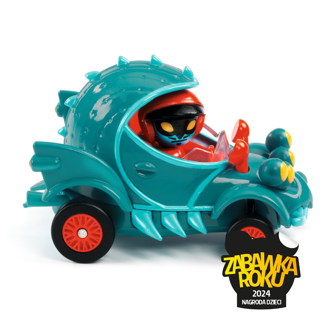 Turkusowe autko z figurką kierowcy w kasku dla dziecka z elementami przypominającymi potwora. Djeco Autko CRAZY MOTORS FUNNY BEAST