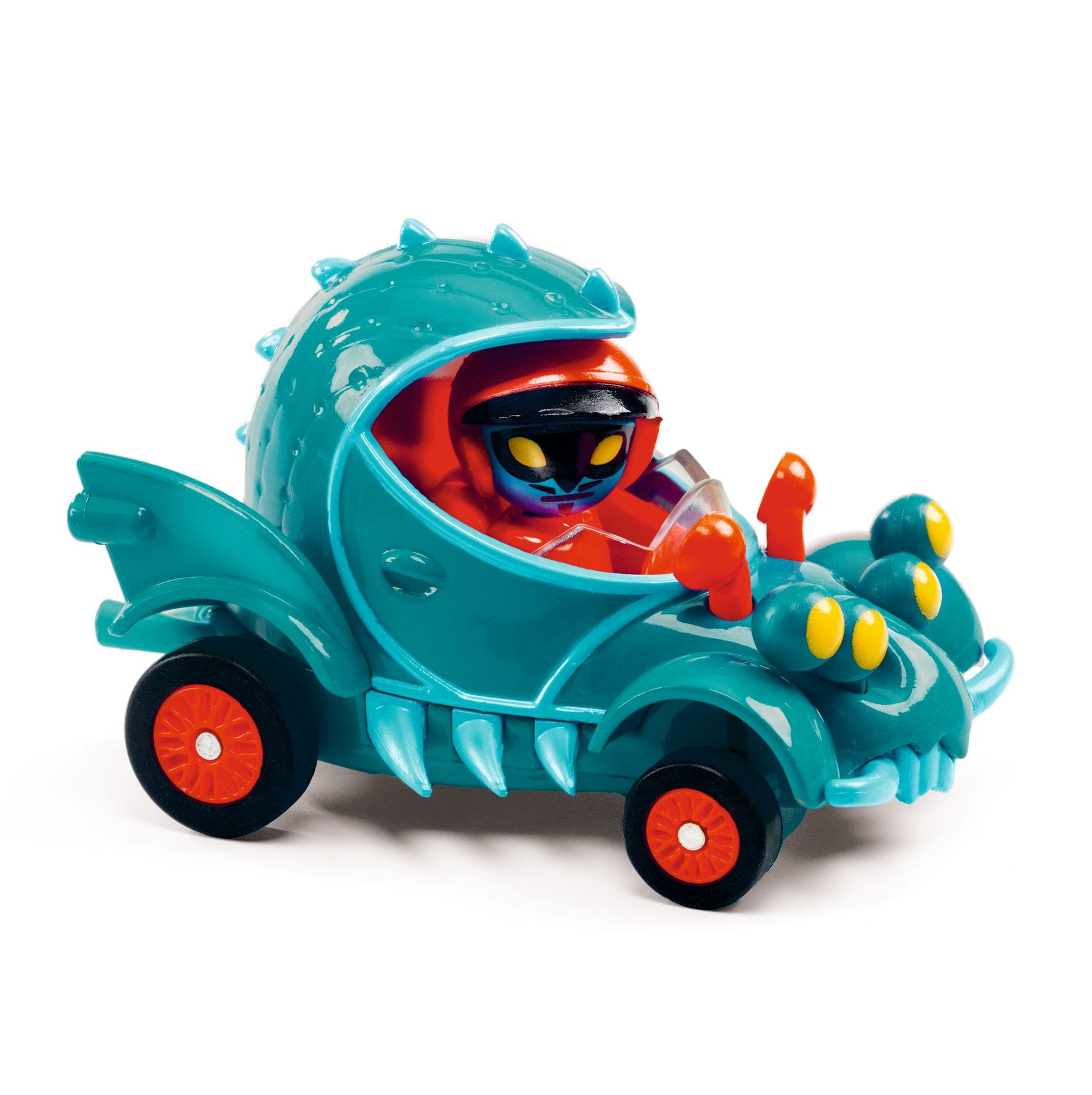 Turkusowe plastikowe autko z kierowcą w kasku dla dziecka. Djeco Autko CRAZY MOTORS FUNNY BEAST