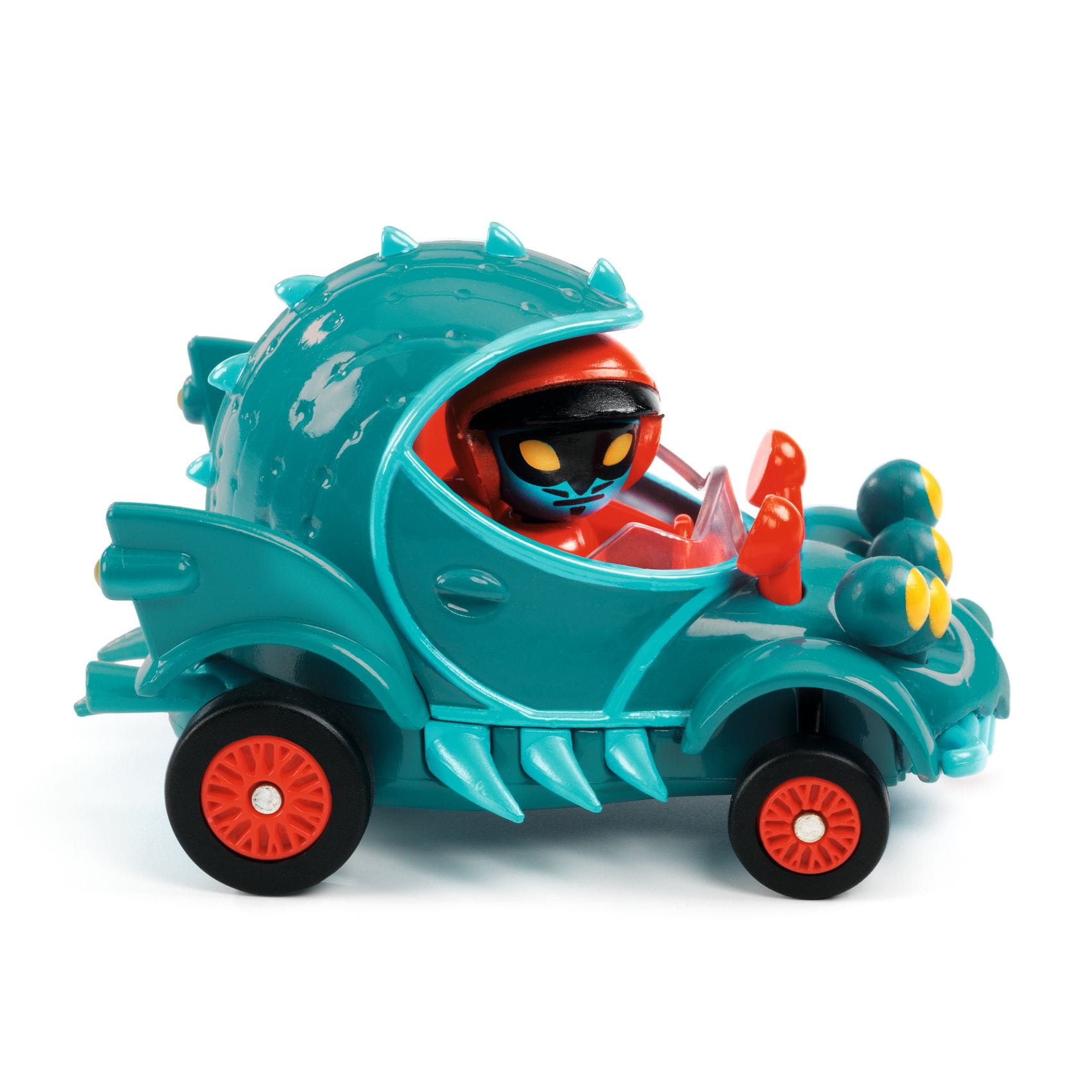 Turkusowe plastikowe autko z czerwonymi kołami i czarną postacią za kierownicą dla dziecka. Djeco Autko CRAZY MOTORS FUNNY BEAST
