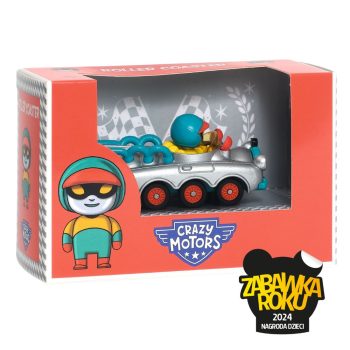 Model kolekcjonerski srebrnego samochodu z niebieską postacią w kasku dla dzieci. Djeco Autko CRAZY MOTORS ROLLER COASTER