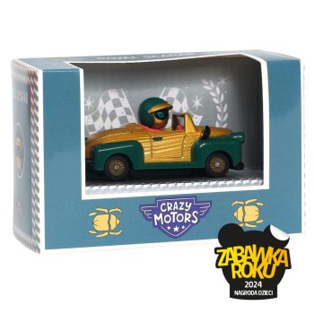Model kolekcjonerski zielono-żółtego samochodu z kierowcą w kasku dla dzieci. Djeco Autko CRAZY MOTORS ROYAL SCARAB