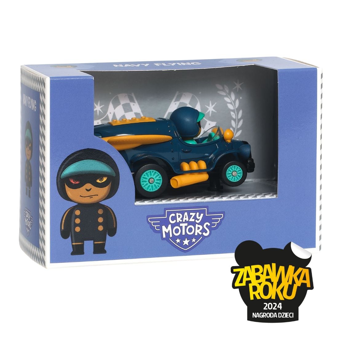 Model kolekcjonerski samochodu w kolorze granatowym z pomarańczowymi i turkusowymi detalami dla dzieci. Djeco Autko CRAZY MOTORS NAVY FLYING