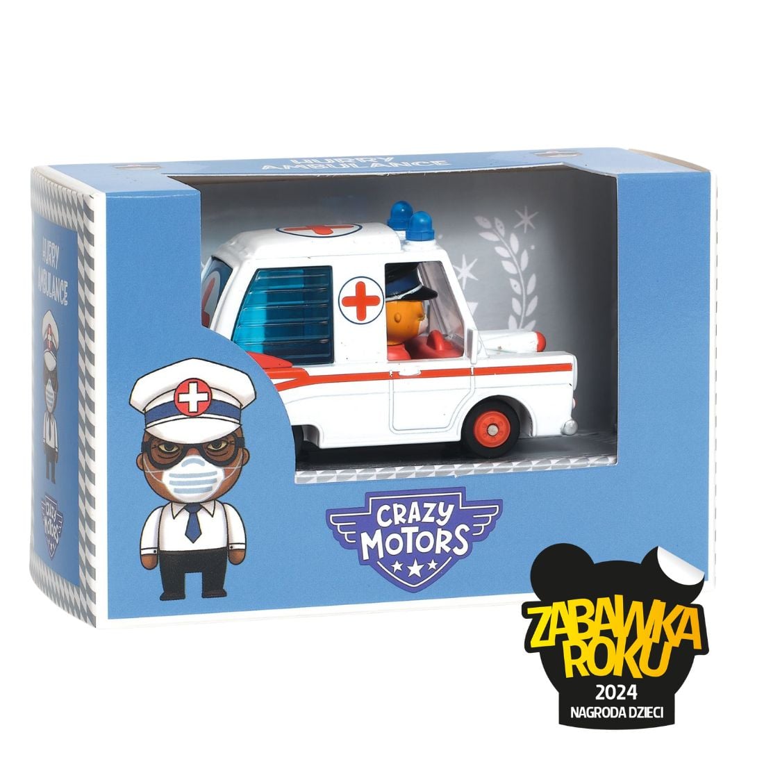 Biały model karetki z czerwonymi detalami i figurką kierowcy w niebieskim mundurze dla dzieci. Djeco Autko CRAZY MOTORS HURRY AMBULANCE