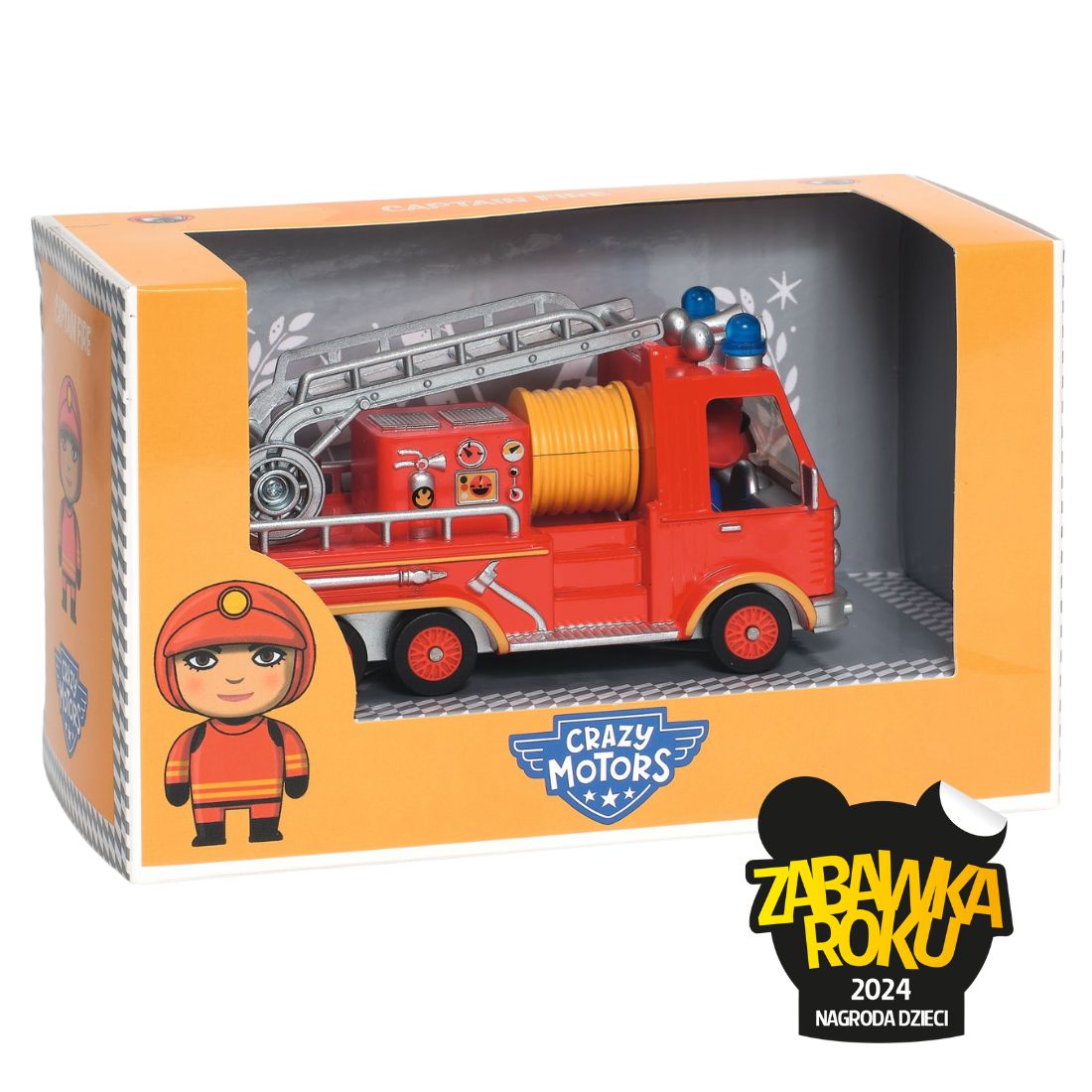Czerwony drewniany wóz strażacki z drabiną i figurką strażaka dla dziecka. Djeco Straż pożarna CRAZY MOTORS CAPTAIN FIRE