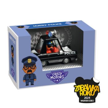 Czarno-biały model policyjnego samochodu z figurką kierowcy w czapce dla dzieci. Djeco Autko CRAZY MOTORS HURRY POLICE