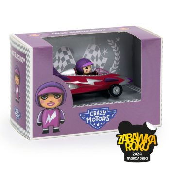 Czerwony model samochodu wyścigowego z kierowcą w fioletowym kasku dla dziecka. Djeco Autko CRAZY MOTORS MISS BURGUNDY