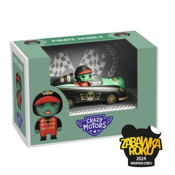 Model kolekcjonerski samochodu wyścigowego czarno zielony z motywem pirata dla dzieci. Djeco Autko CRAZY MOTORS PIRATE WHEELS