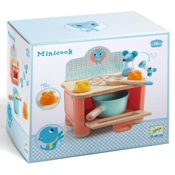 Drewniana kuchenka dla dzieci z otwieranym piekarnikiem i patelnią w pastelowych kolorach. Djeco Kotki Gotują Kuchenka z otwieranym piekarnikiem i patelnią