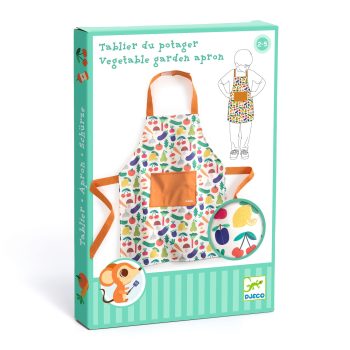 Fartuszek kuchenny dla dziecka z kolorowym wzorem warzyw i pomarańczowymi paskami oraz kieszenią. Djeco Fartuszek kuchenny pomarańczowy WARZYWA