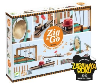 Zestaw drewnianych elementów do budowy kulodromu z dzwonkami i pojazdami dla dzieci. Djeco Zestaw Zig & Go-52 Elementy