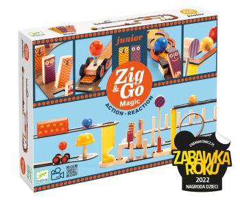 Zestaw do budowy kulodromu z drewnianymi elementami i kulkami dla dzieci. Djeco Zestaw Zig&Go Junior MAGIA 43 elementy