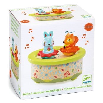 Pozytywka z figurkami zwierząt królik i wiewiórka na zielonej podstawie dla dzieci powyżej 12 miesięcy. Djeco Pozytywka FRIENDS MELODY +12 miesięcy
