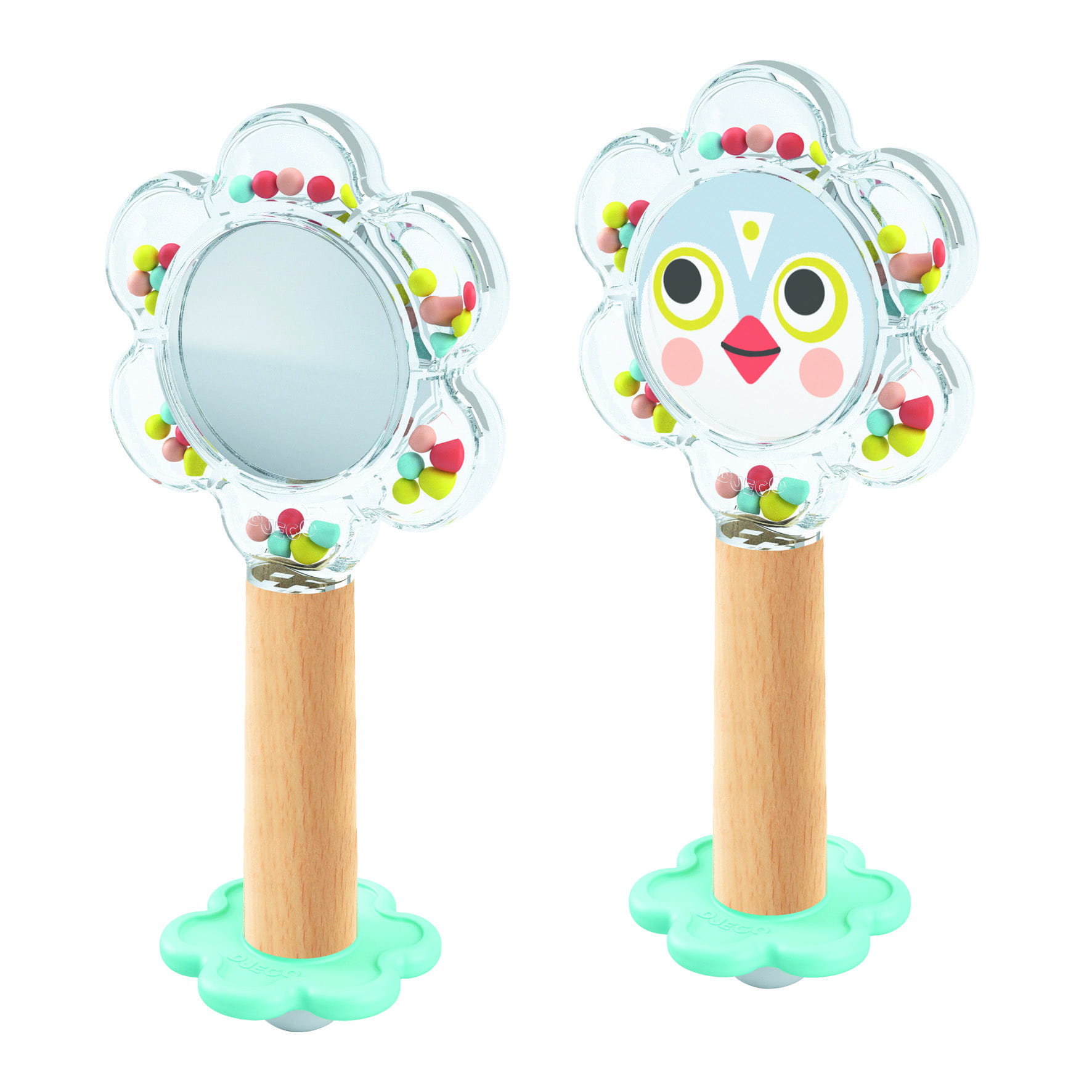 Grzechotka z lusterkiem w kształcie kwiatka z kolorowymi koralikami dla niemowlaka. Djeco Grzechotka z Lusterkiem BABY FLOWER +3 miesięcy