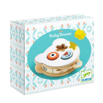 Drewniany sorter dla niemowlaka z lusterkiem i kolorowymi kształtami do dopasowywania. Djeco Drewniany Sorter z Lusterkiem BABY BOOMI