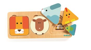 Drewniana układanka warstwowa z motywem zwierzątek dla dzieci powyżej 18 miesięcy. Djeco Puzzle Drewniane Warstwowe ZWIERZĄTKA 18 mies+