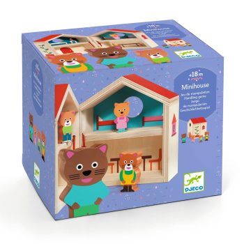 Drewniany mini domek z postaciami zwierząt dla dzieci powyżej 18 miesięcy. Djeco Drewniany Mini Domek 18 m-cy+