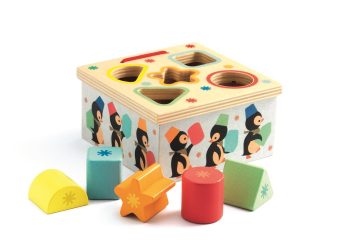 Drewniany sorter kształtów z kolorowymi figurkami dla dziecka z motywem pingwinów. Djeco Drewniany sorter IGLOO