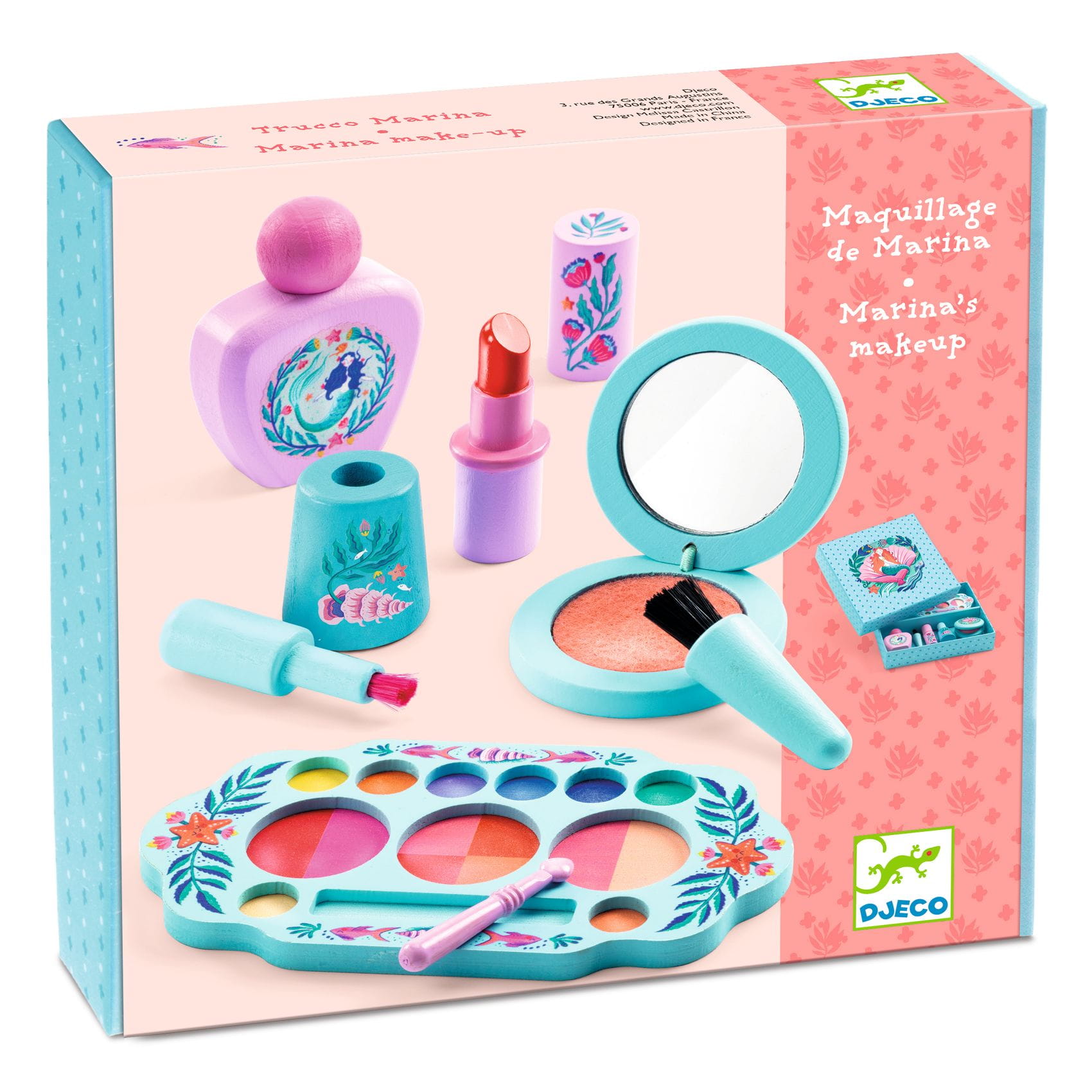 Zestaw do makijażu dla dziecka z lusterkiem różową szminką i paletą cieni w pastelowych kolorach. Djeco Zestaw do makijażu małej elegantki