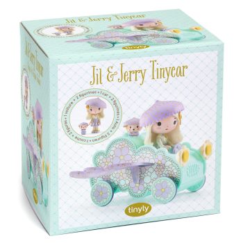 Drewniane figurki dziewczynki i misia w turkusowym samochodzie zabawka dla dzieci. Djeco Figurki JIL&JERRY w samochodzie TINYCAR