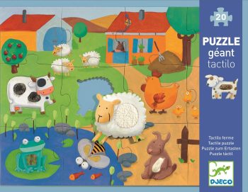 Puzzle sensoryczne z motywem farmy z postaciami zwierząt i budynków dla dzieci. Djeco Puzzle sensoryczne FARMA