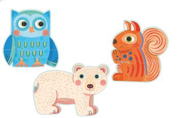 Puzzle progresywne z motywem sowy w kolorze niebieskim wiewiórki w kolorze pomarańczowym i białego niedźwiedzia dla dzieci. Djeco Puzzle progresywne W LESIE 9/12/16 elem