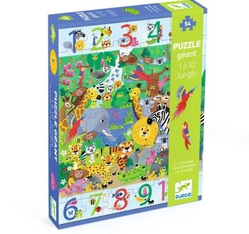 Puzzle kartonowe z motywem dżungli z liczbami od 1 do 10 dla dzieci. Djeco Puzzle kartonowe gigant „DŻUNGLA 1 do 10”
