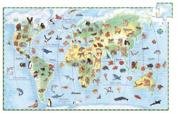 Puzzle tradycyjne 100 elementów mapa świata ze zwierzętami dla dzieci powyżej 6 lat. Djeco Puzzle Świat Zwierząt z Książeczką 100el. +6