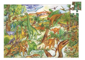 Puzzle tradycyjne 100 elementów z kolorowym obrazkiem dinozaurów w lesie dla dzieci. Djeco Puzzle Dinozaury z książeczką 100 el