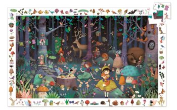 Puzzle 100 elementów z ilustracją lasu z postaciami zwierząt i dzieci dla dzieci. Djeco Puzzle FOREST 100 el