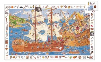 Puzzle 100 elementów z ilustracją piratów na statku i wyspie dla dzieci. Djeco Puzzle obserwacja PIRACI 100 el