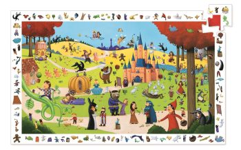 Puzzle tradycyjne 54 elementy z kolorową ilustracją zamku i postaciami w bajkowym lesie dla dzieci. Djeco Puzzle Obserwacja OPOWIEŚĆ 54 El