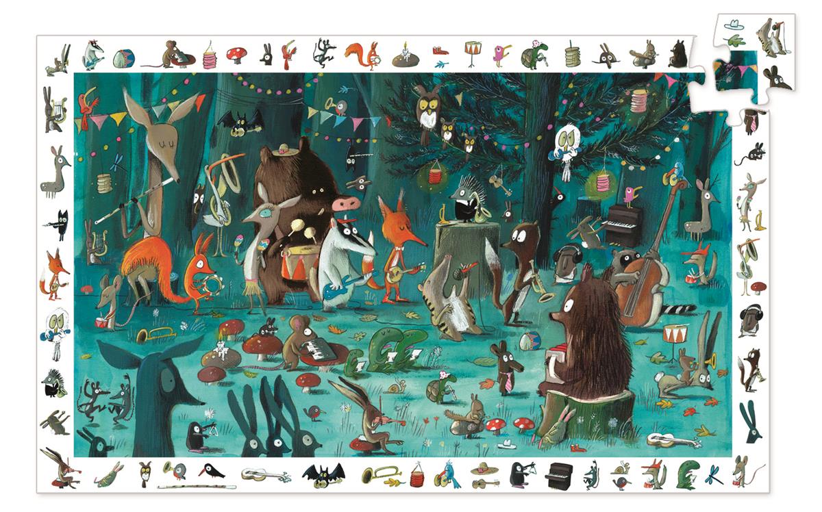 Puzzle 35 elementów z ilustracją zwierząt grających na instrumentach muzycznych w lesie dla dzieci. Djeco Puzzle obserwacja ORKIESTRA 35 el