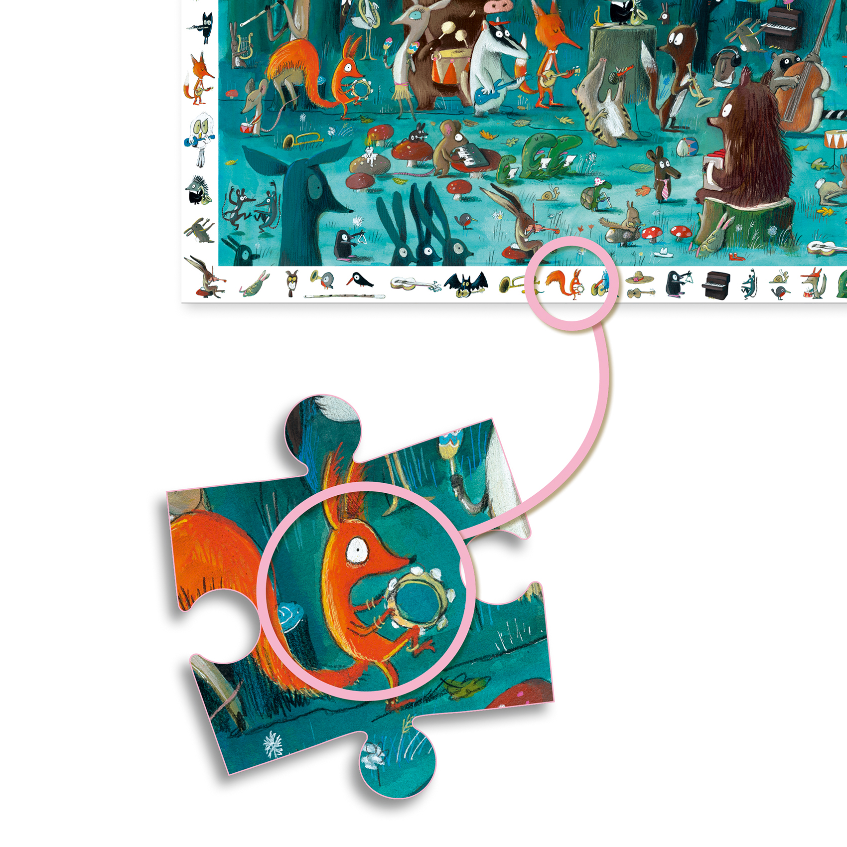 Fragment puzzli z ilustracją pomarańczowego zwierzęcia trzymającego instrument muzyczny na tle zielono-niebieskim dla dzieci. Djeco Puzzle obserwacja ORKIESTRA 35 el