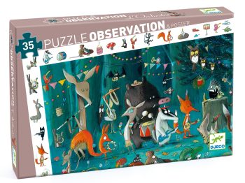 Puzzle 35 elementów z ilustracją zwierząt grających na instrumentach muzycznych dla dzieci. Djeco Puzzle obserwacja ORKIESTRA 35 el