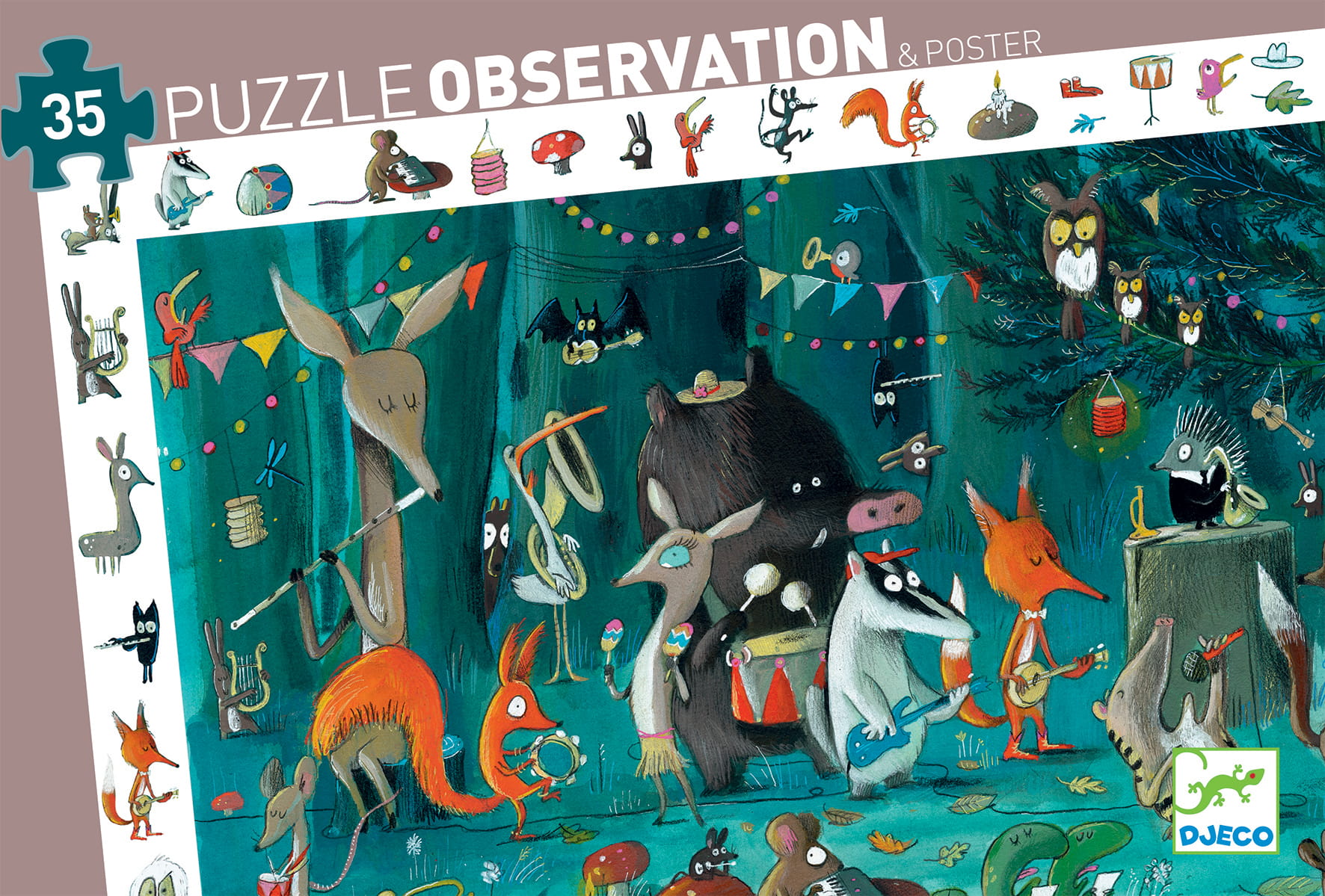 Puzzle 35 elementów z ilustracją zwierząt grających na instrumentach muzycznych w orkiestrze dla dzieci. Djeco Puzzle obserwacja ORKIESTRA 35 el