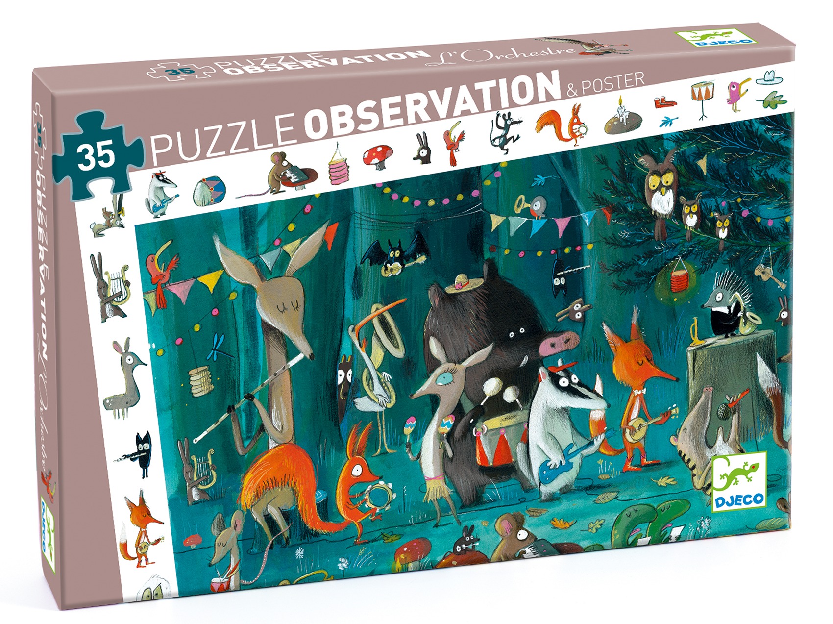 Puzzle 35 elementów z ilustracją zwierząt grających na instrumentach muzycznych dla dzieci. Djeco Puzzle obserwacja ORKIESTRA 35 el