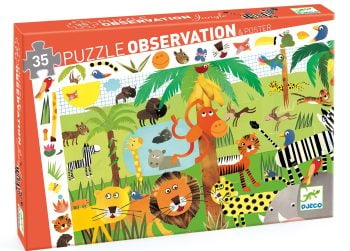 Puzzle 35 elementów z kolorowymi zwierzętami dżungli dla dzieci powyżej 3 lat. Djeco Puzzle Obserwacja DŻUNGLA 35 El. +3 lat